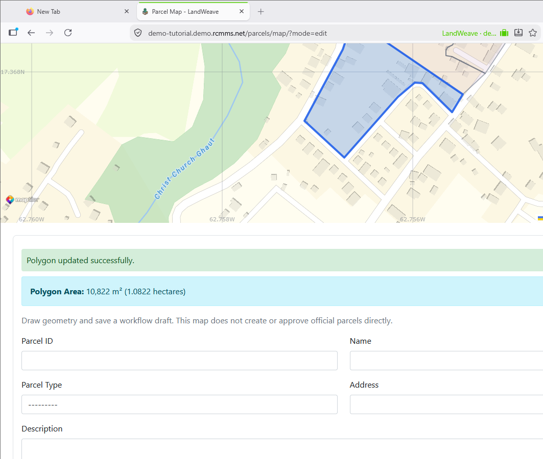 New parcel form below the completed map geometry