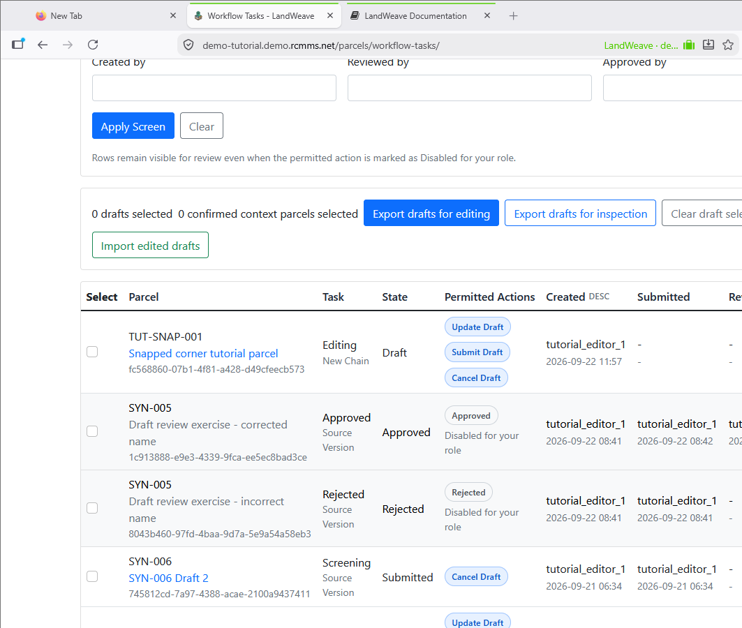 Saved snapping tutorial parcel in Workflow Tasks