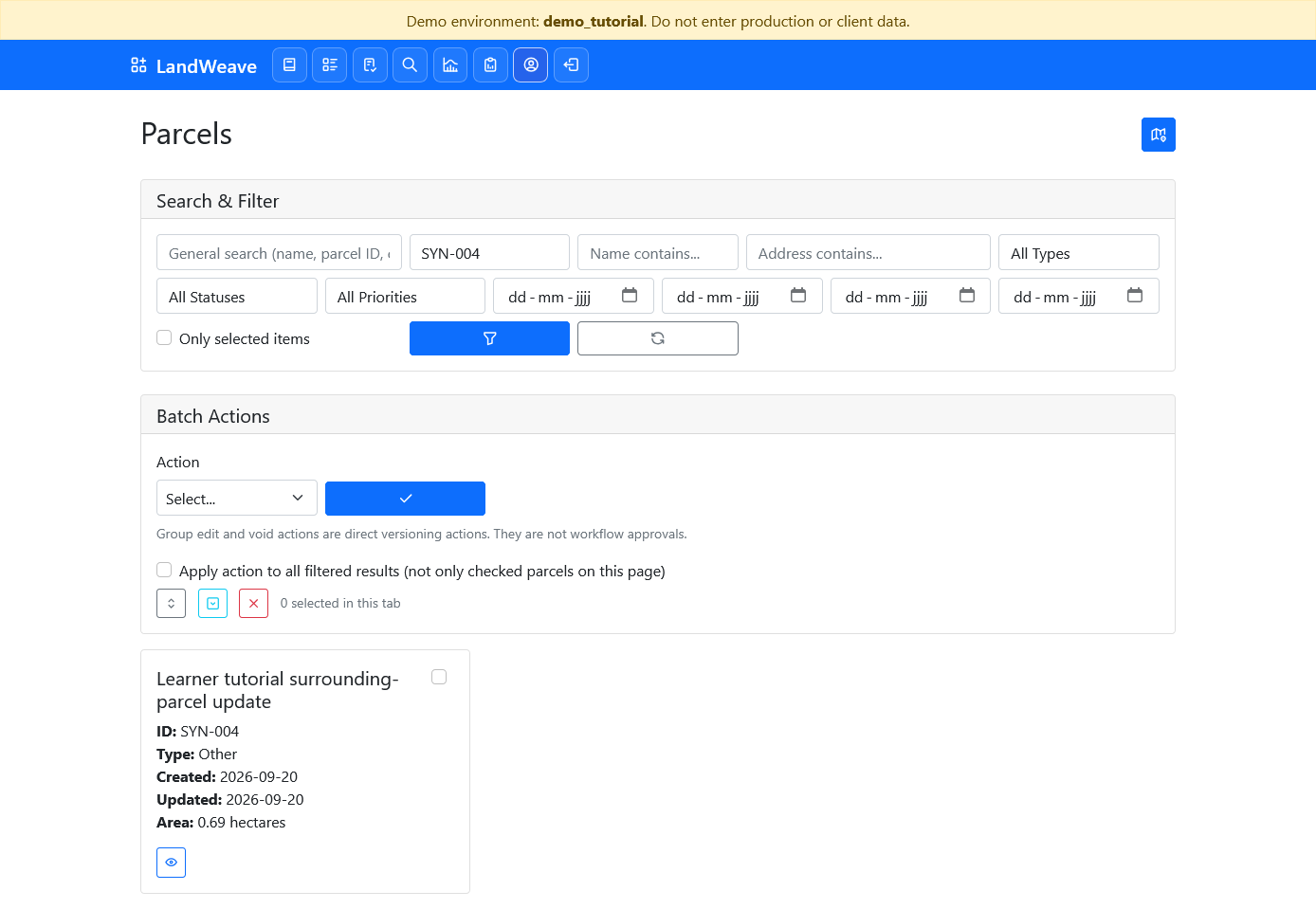 List filtered by SYN-004 with its matching parcel card