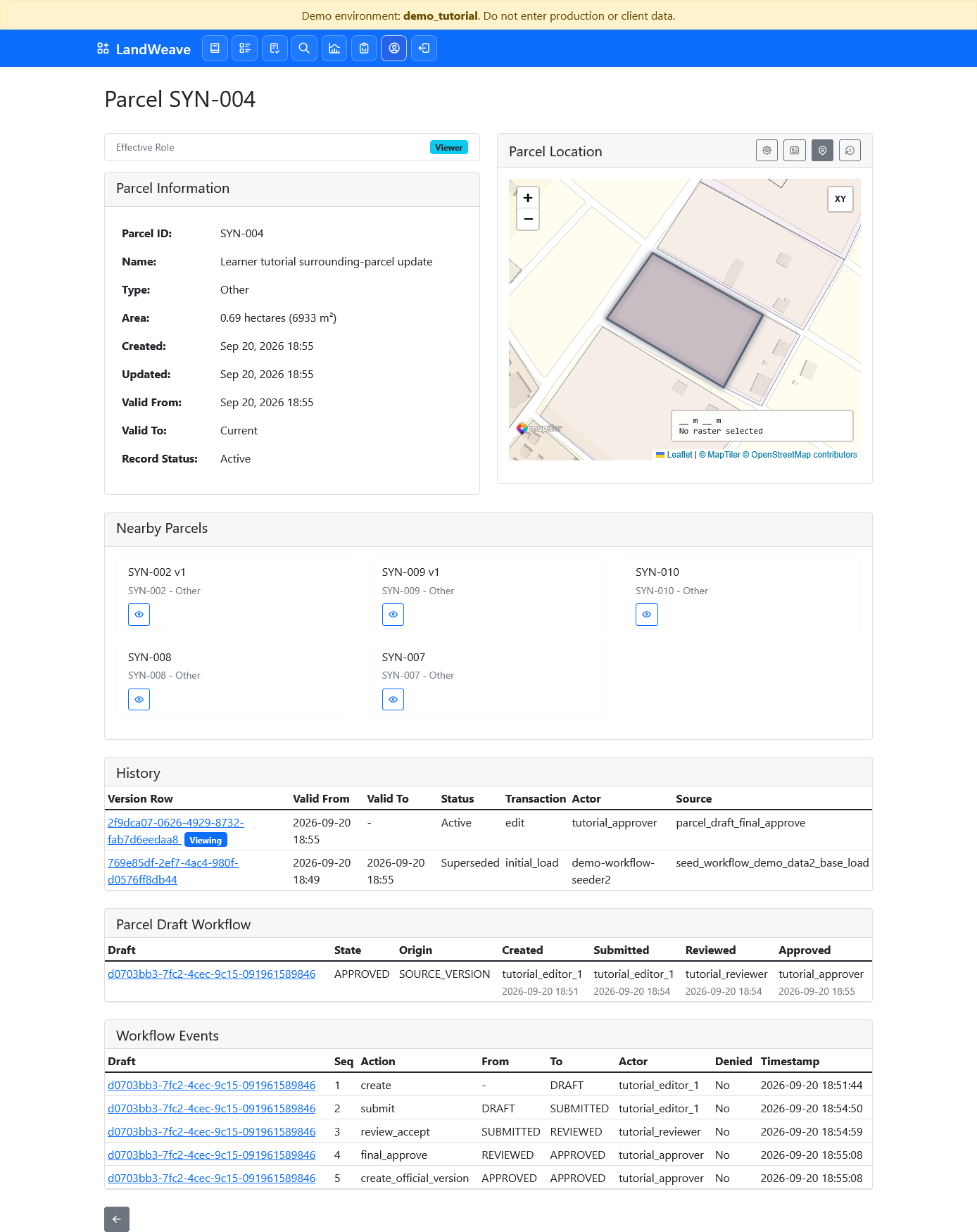 Viewer sees the approved parcel and audit history