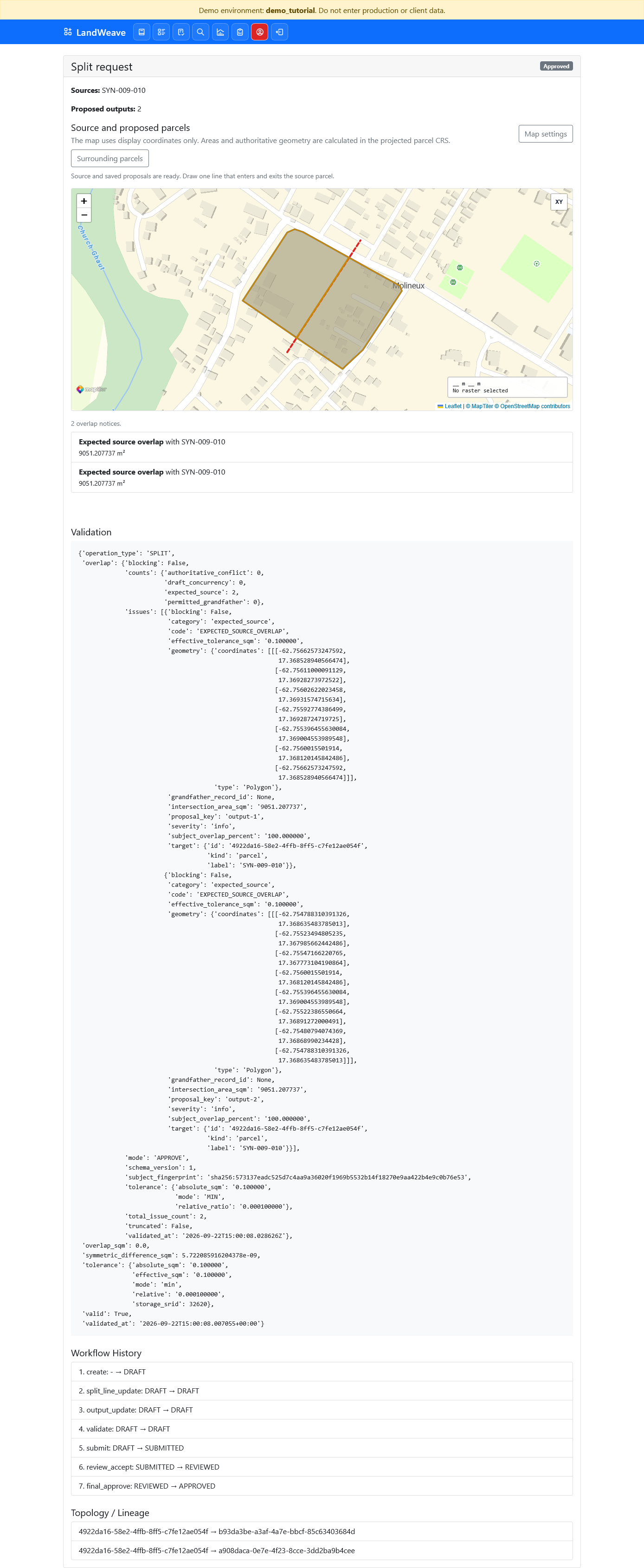 Approved split with workflow history and lineage